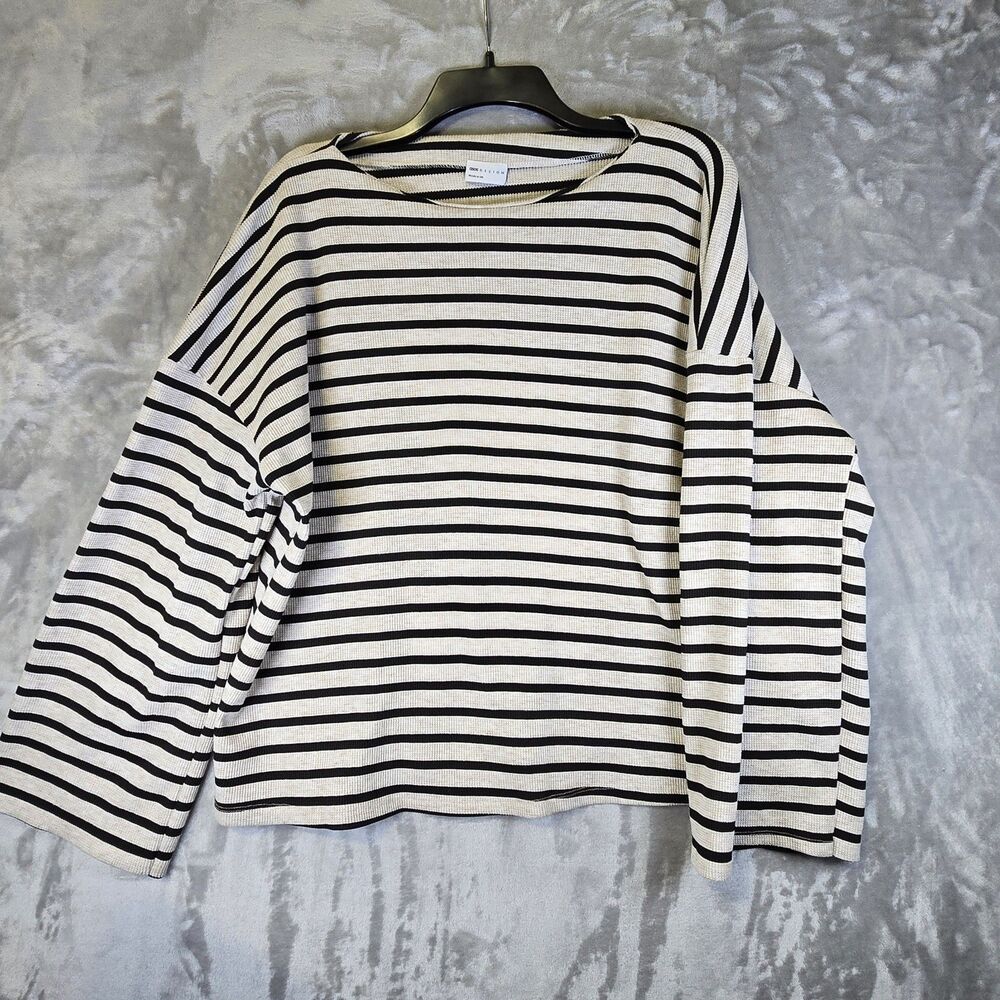 ASOS Design Waffle Knit Blouse Womens XL Black White Wide Sleeves Boat Neck